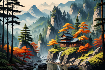 山林间中式建筑自然风光