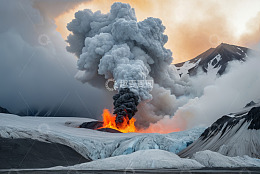 火山喷发于雪山之间的场景