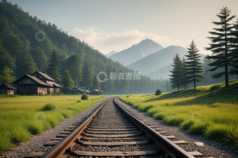 高清大图下载【趣麦麦图】山间铁路旁的木屋与自然风光