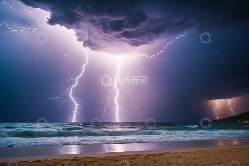 高清大图下载【趣麦麦图】海边风暴天气闪电景象