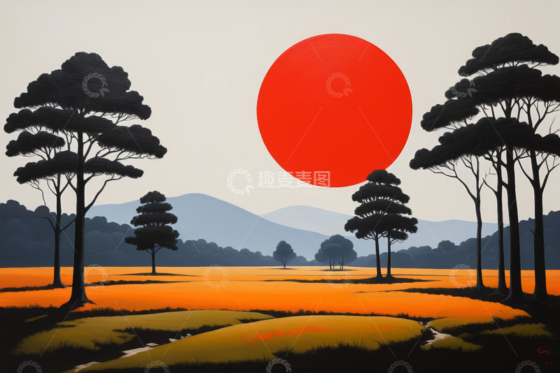 高清大图下载【趣麦麦图】森林田野上的红色落日景象