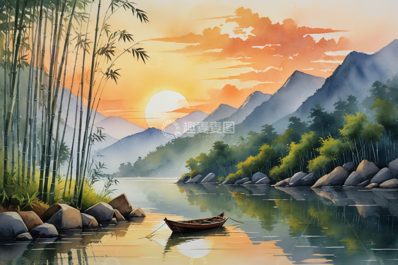 高清大图下载【趣麦麦图】山水间日落时的静谧小船