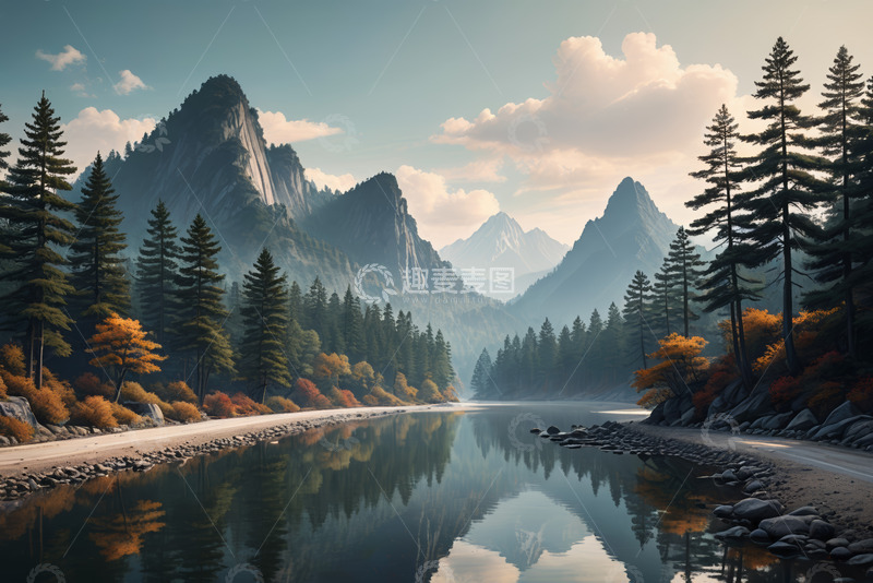 高清大图下载【趣麦麦图】山林间宁静的湖泊风景