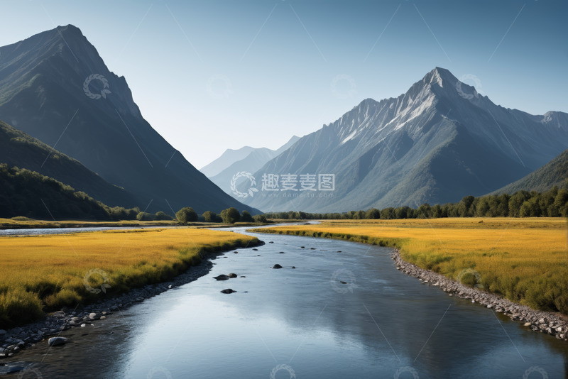 高清大图下载【趣麦麦图】山间河流与草地自然风光