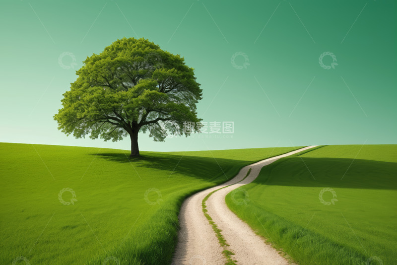高清大图下载【趣麦麦图】绿草地上孤树与蜿蜒小路