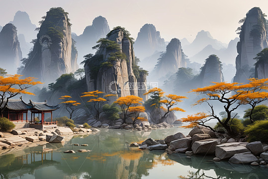 中国风山水景观带古典建筑