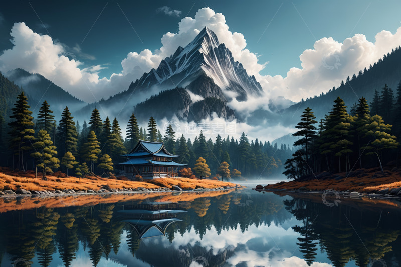 高清大图下载【趣麦麦图】山水间中式建筑风景