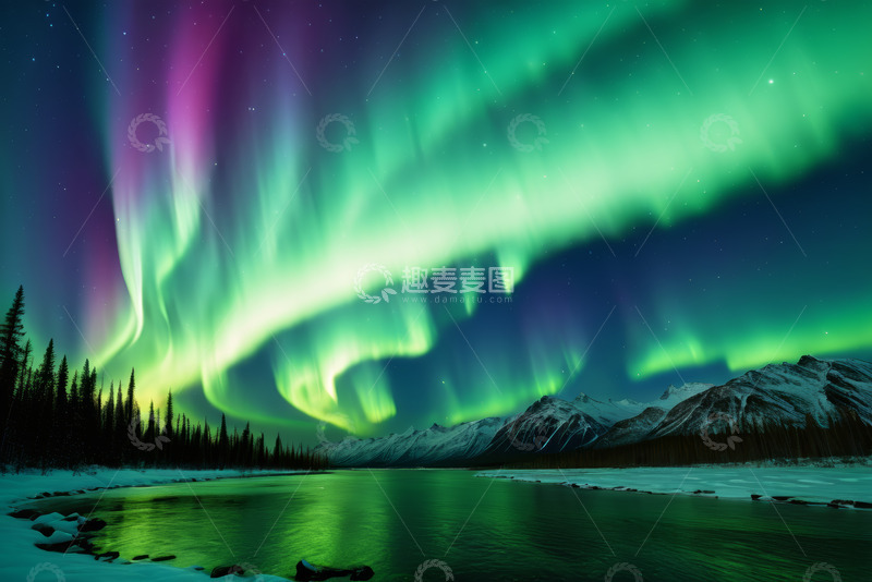 高清大图下载【趣麦麦图】极光下的雪山湖泊森林景观