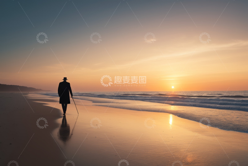 高清大图下载【趣麦麦图】老人黄昏时在海滩漫步