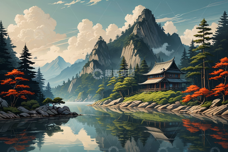 高清大图下载【趣麦麦图】山水间的中式建筑风光