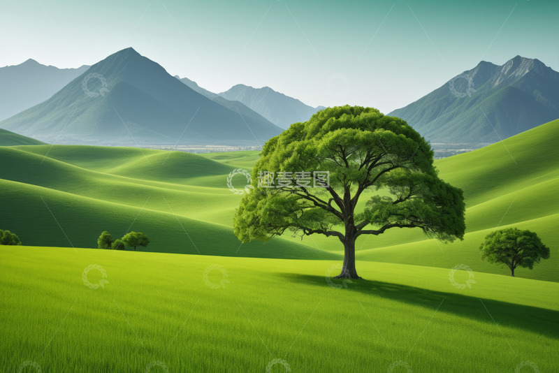 高清大图下载【趣麦麦图】绿色草原上的孤树与远山景观