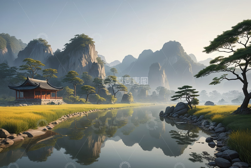 高清大图下载【趣麦麦图】中式山水风景中的古亭