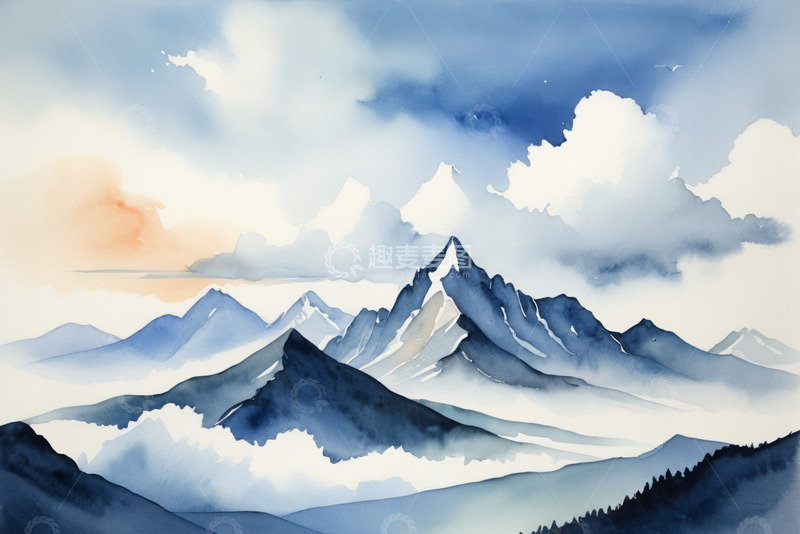 高清大图下载【趣麦麦图】水彩风格山脉与天空景观