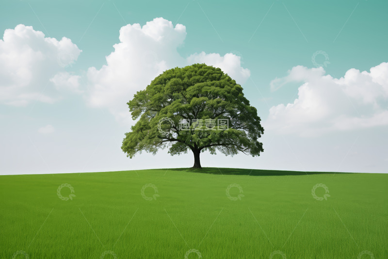 高清大图下载【趣麦麦图】草原上的单棵绿树与蓝天白云