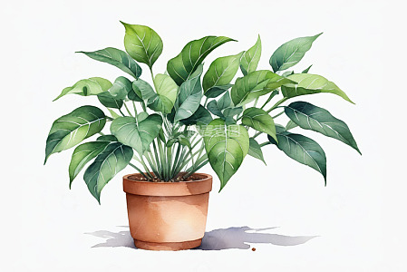 盆栽绿植水彩插画
