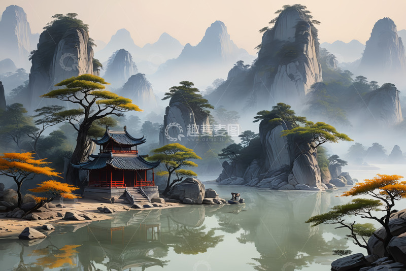 高清大图下载【趣麦麦图】中式山水景观中的古亭建筑