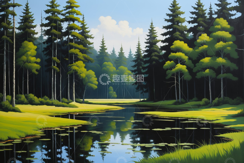 高清大图下载【趣麦麦图】森林中的宁静湖泊景观