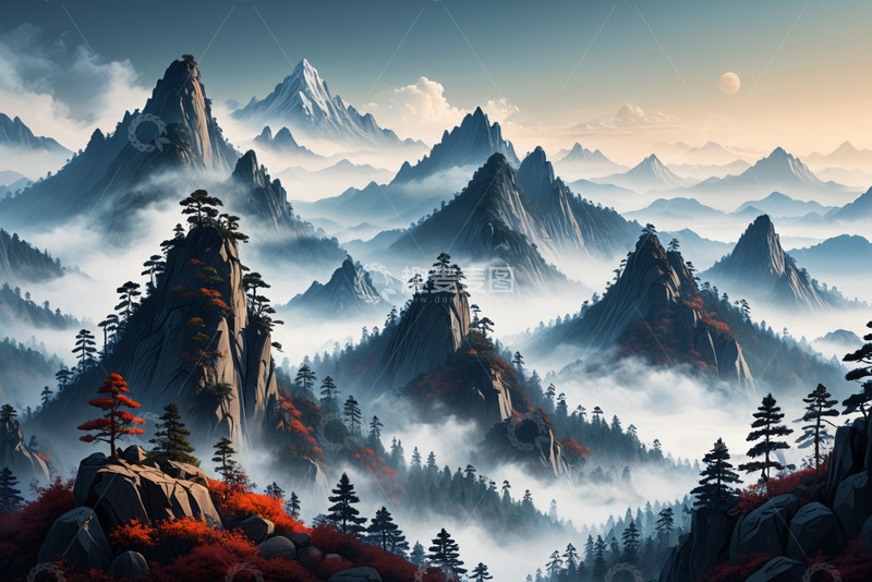 高清大图下载【趣麦麦图】山间云海与树林景观