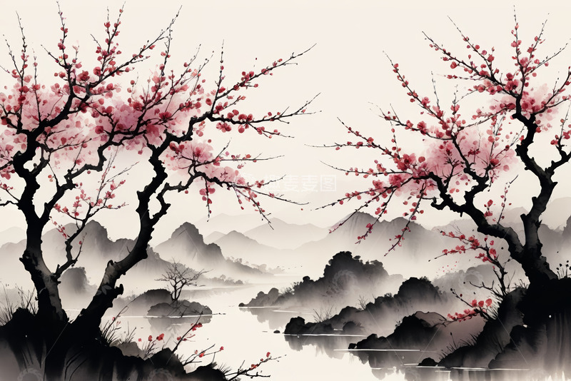 高清大图下载【趣麦麦图】水墨风梅花山水风景图