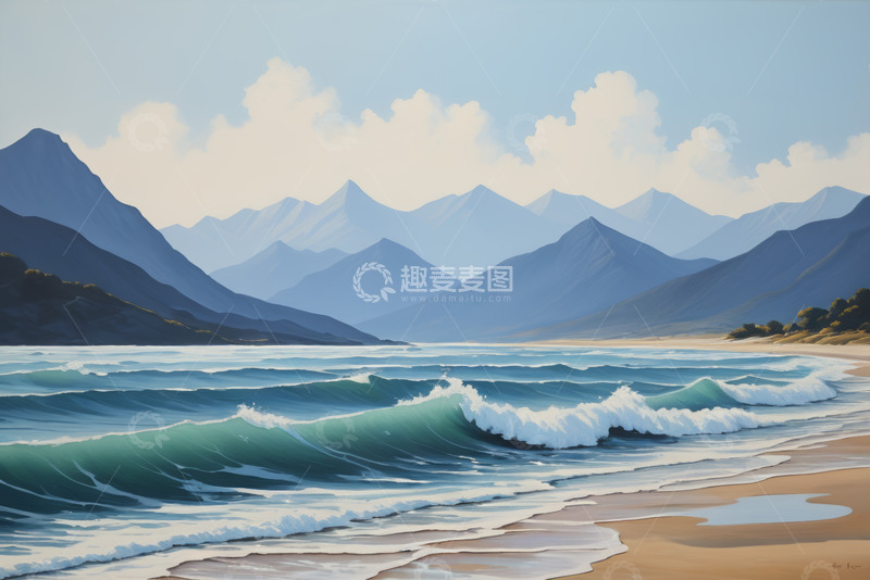高清大图下载【趣麦麦图】海滩自然风光与远山景观