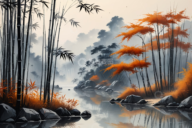 高清大图下载【趣麦麦图】竹林河畔秋景自然风光