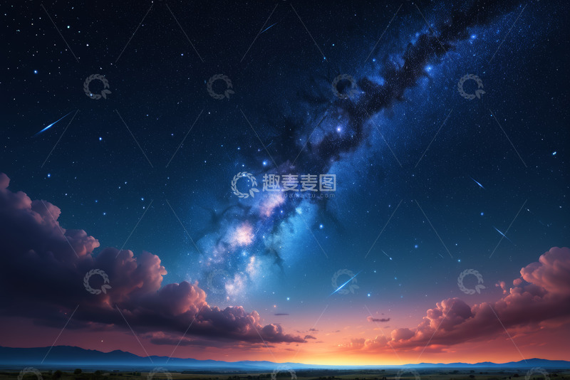 高清大图下载【趣麦麦图】星空下的晚霞与银河景观