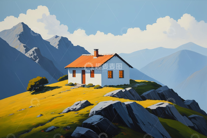 高清大图下载【趣麦麦图】山间草坡上的独栋小屋