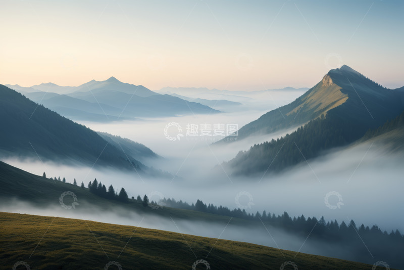 高清大图下载【趣麦麦图】山间晨雾弥漫的自然风光