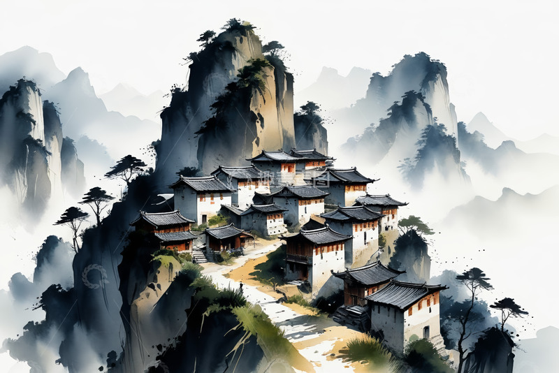 高清大图下载【趣麦麦图】山间中式古建筑群风景