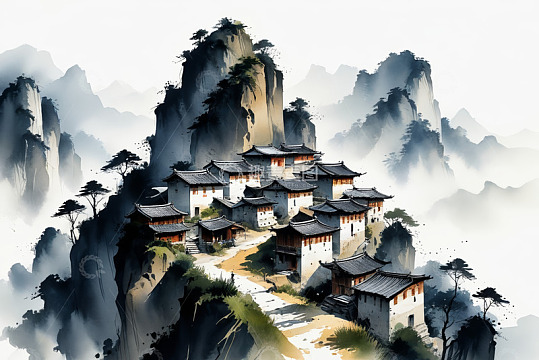 山间中式古建筑群风景