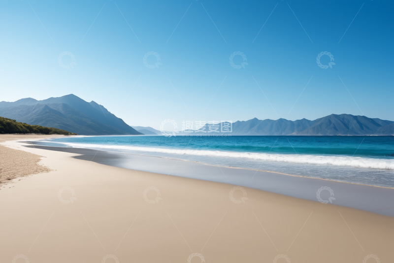 高清大图下载【趣麦麦图】宁静海滩与远处山峦风景