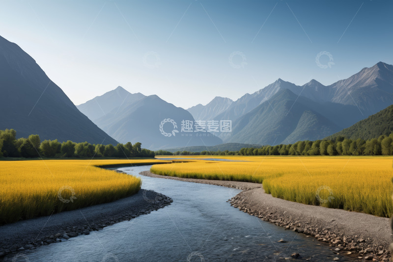 高清大图下载【趣麦麦图】山间河流旁的金黄田野风景