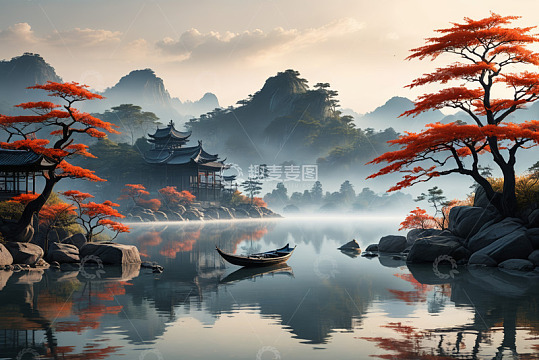 古风山水湖泊与亭台楼阁景观