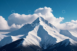 蓝天白云下的雪山全景