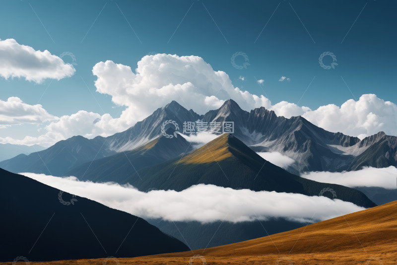 高清大图下载【趣麦麦图】蓝天白云下的连绵山脉风光