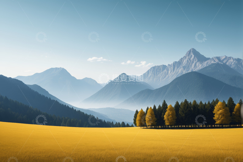 高清大图下载【趣麦麦图】金黄草地与远山风景