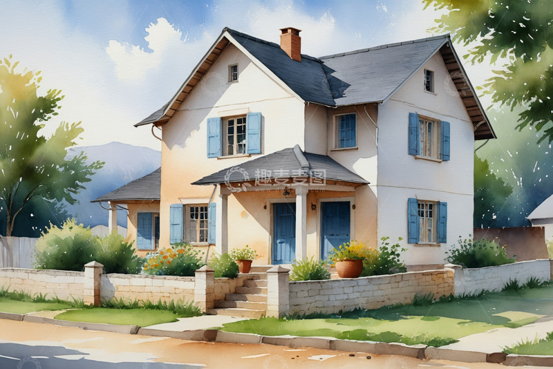 高清大图下载【趣麦麦图】水彩风格独栋房屋