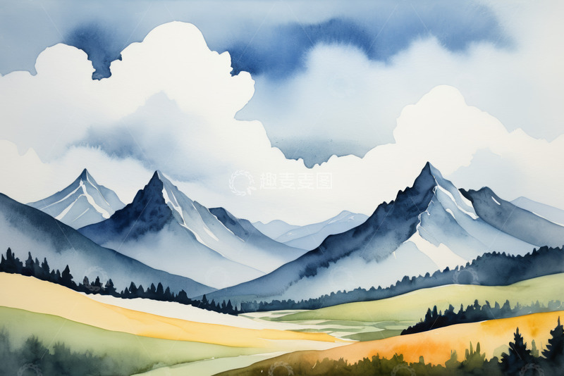 高清大图下载【趣麦麦图】水彩风格山川自然景观