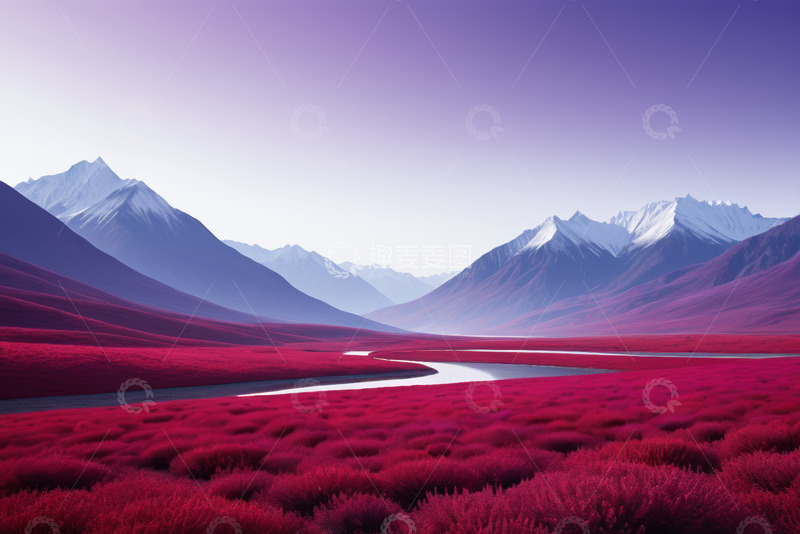 高清大图下载【趣麦麦图】红色原野与雪山自然风光