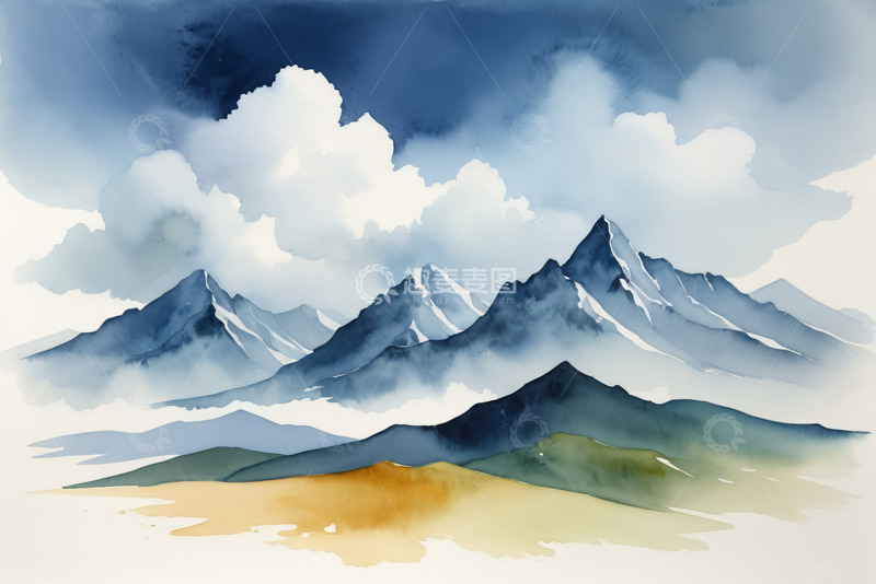 高清大图下载【趣麦麦图】水彩风格山脉天空景观