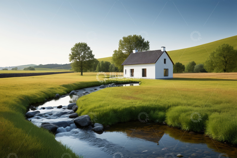 高清大图下载【趣麦麦图】田园溪边的白色小屋风景