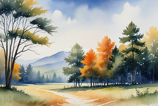 水彩风格森林自然风光