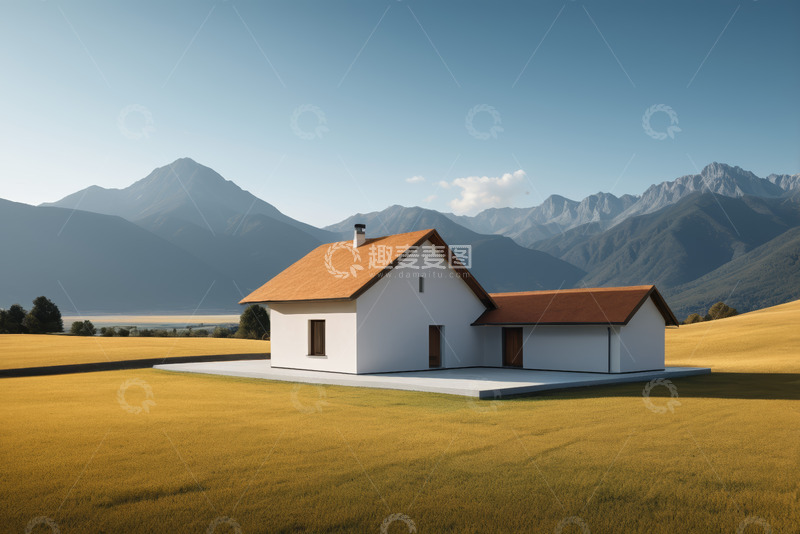 高清大图下载【趣麦麦图】田野中白墙红顶房屋