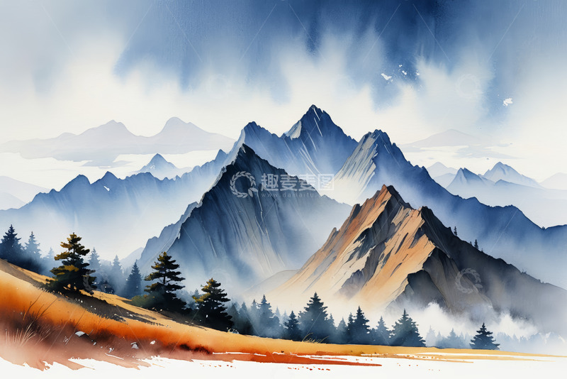 高清大图下载【趣麦麦图】水墨风格高山森林自然风光