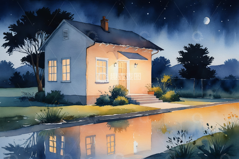 高清大图下载【趣麦麦图】夜晚乡村小屋与静谧池塘景象