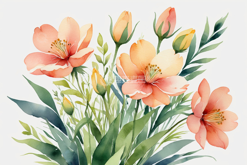 高清大图下载【趣麦麦图】水彩风格橙色花卉插画