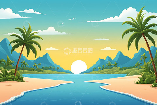 热带海滩自然风光插画