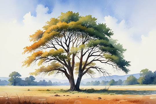 原野上的大树水彩画