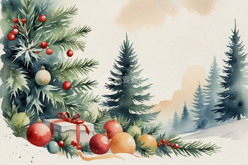 高清大图下载【趣麦麦图】水彩风圣诞装饰与松树林场景
