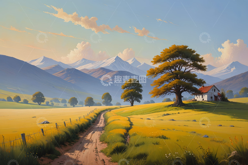 高清大图下载【趣麦麦图】田园风光乡村小路与远山景色